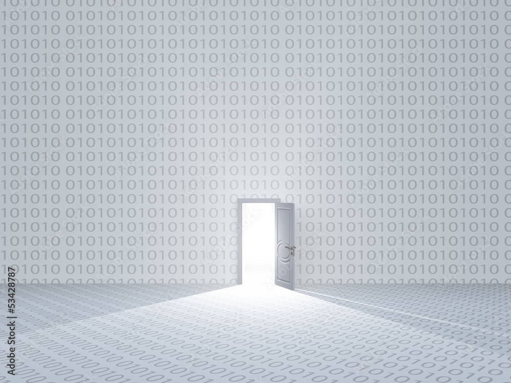 Wall mural White room with binary code and door with bright light