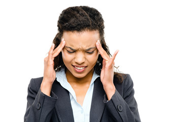 african american businesswoman stressed isolated white backgroun