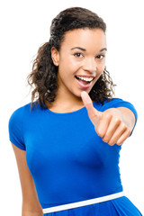 Beautiful mixed race woman thumbs up isolated on white backgroun