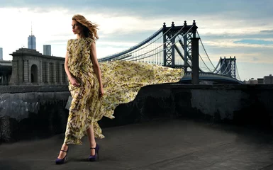Model posiert sexy auf dem Dach mit Brücke im Hintergrund © FashionStock