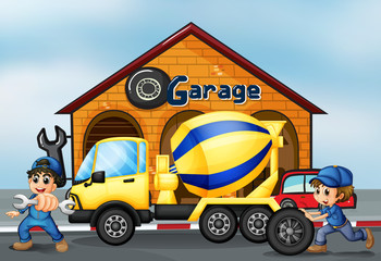 A cement truck in front of the garage