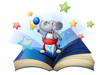 A book with an elephant holding two balloons