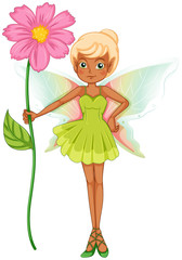 A fairy holding a fresh pink flower