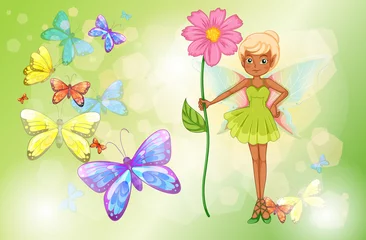 Poster Een fee met een roze bloem met vlinders © GraphicsRF