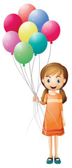 A girl holding eight colorful balloons