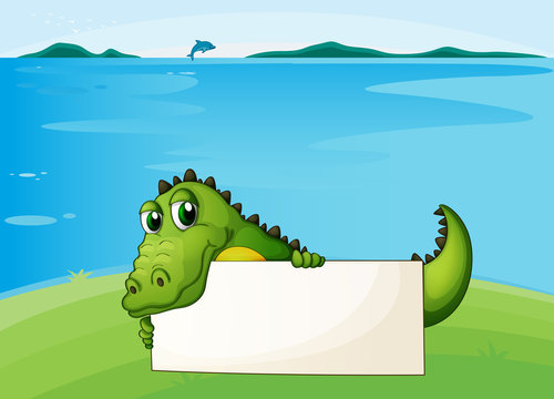 A crocodile holding an empty signboard