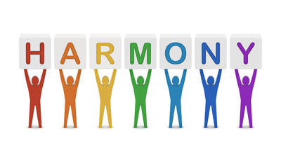 Men holding the word harmony. Concept 3D illustration.