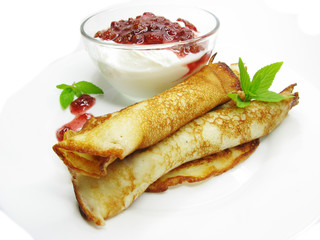 sweet pancakes with wild strawberry fruit jelly