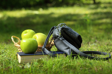 Book, apples and bag on green grass