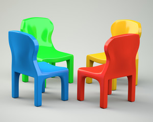 Four colored cartoon-styled chairs