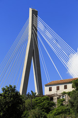 Naklejka premium Cable stayed bridge with house