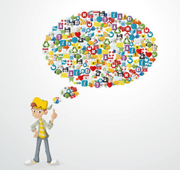 Cartoon teenager boy with Internet, Website icons Set.