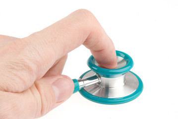 Hands holding stethoscope isolated on white background