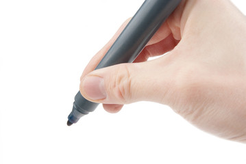 Hand holding a felt tip pen isolated on white