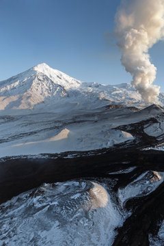 Aerial view volcanic erupting active Tolbachik Volcano. Kamchatka Peninsula