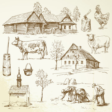 farm, rural houses - hand drawn collection