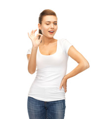 woman in blank white t-shirt showing ok gesture