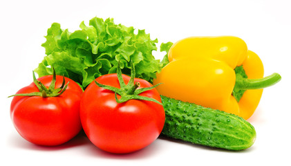 Fototapeta na wymiar Vegetables tomatos cucumber lettuce and paprika isolated
