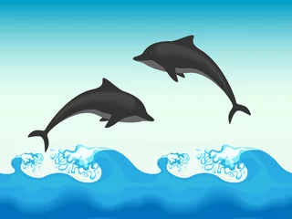Fotobehang Twee dolfijnen springen in zee, naadloze vectorillustratie © ferdiperdozniy