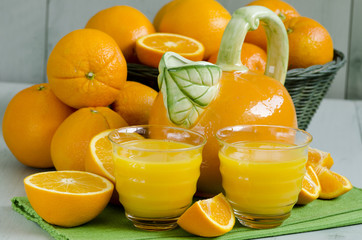 Orange juice in a green wooden background