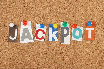 The word Jackpot on a cork notice board