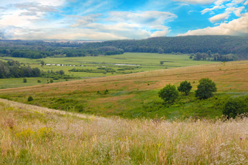 mountain sky green landscape forest nature hill view summer blue