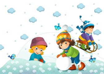 Fototapeta premium Children at play on the snow - illustration for the children