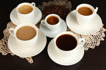 Assortment of different hot coffee drinks close up