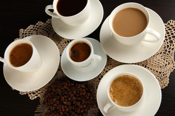 Assortment of different hot coffee drinks close up