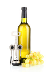 Composition of corkscrew and bottle of wine, grape, isolated
