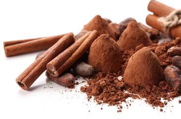 Chocolate truffles, cocoa and spices isolated on white