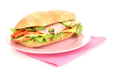 Fresh and tasty sandwich with ham and vegetables isolated