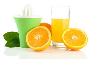 Citrus press, glass of juice and ripe oranges, isolated on