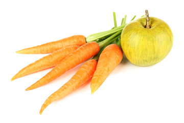 Heap of carrots and green apple, isolated on white