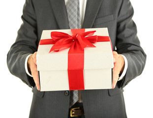 Young businessman present gift box, isolated on white