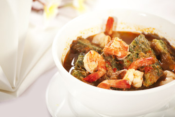 Thai soup, Thai style tamarind soup with omelette and shrimp