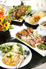 meal time, many kind of food dish put on table