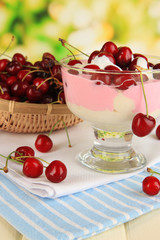 Delicious cherry dessert in glass vase