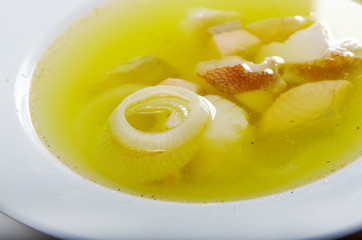 Ukha with sterlet , salmon .