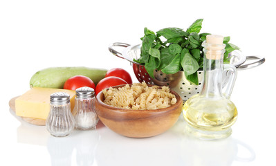 Ingredients for cooking pasta isolated on white