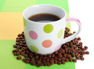 Cup of coffee with coffee beans, isolated on white