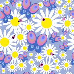 Seamless pattern with daisies and butterflies