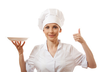 Woman cook holding empty plate, isolated on white