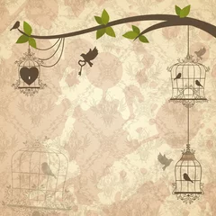 Tableaux ronds sur aluminium Oiseaux en cages Fond rétro du thème du scrapbooking. Illustration vectorielle