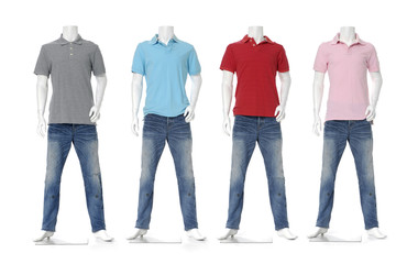 Four male mannequin dressed in jeans with colorful t-shirt