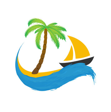 Sailing boat and palm on the water, vector icon