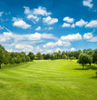 green golf field and blue cloudy sky