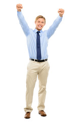 Happy businessman celebrating success isolated on white backgrou