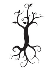 black tree with roots isolated on white background, vector