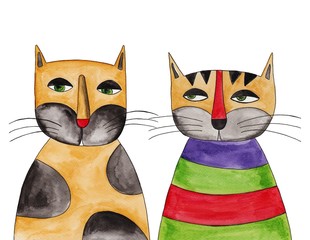Cats. Ink and watercolors on paper